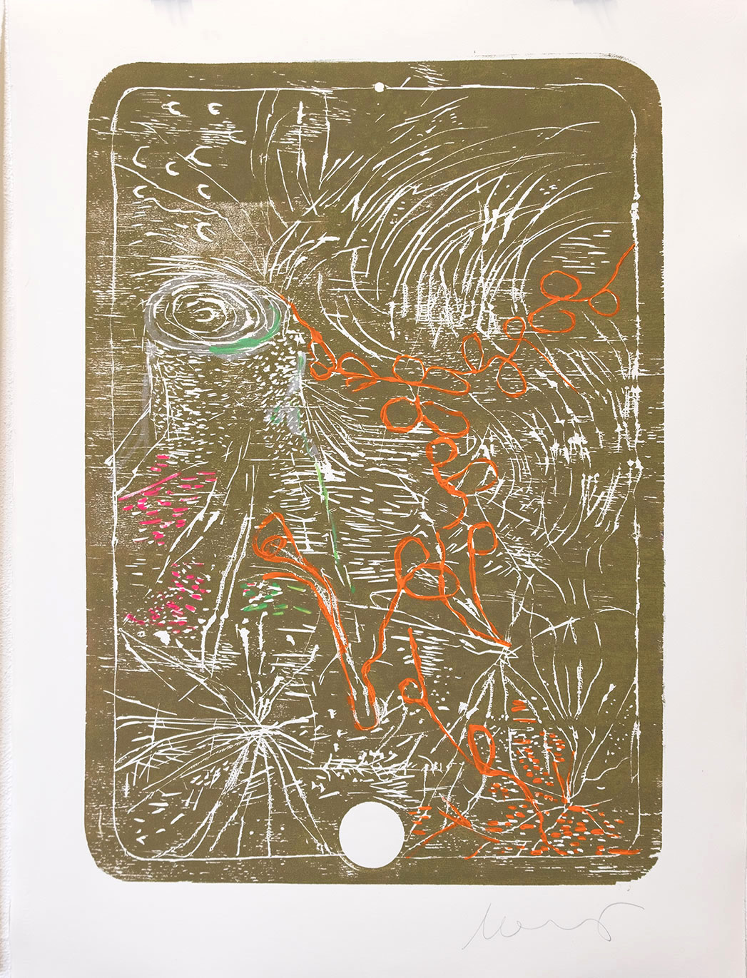 Florian Mehnert, Lockdown Woodcuts, overpainted woodcut